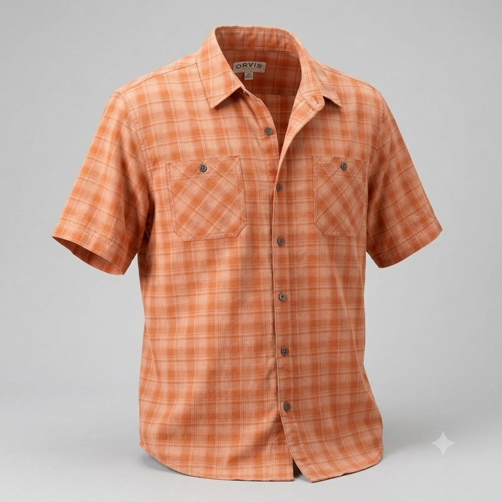 Orvis Plaid Short Sleeve Shirt Mens Large Orange‎ Excellent Ventilated Technical